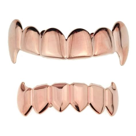 14k Rose Gold Plated Full Fang Grillz Set Upper Top And Bottom Lower Fangs Vampire Teeth Hip Hop