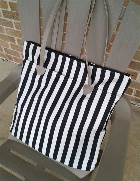 Black White Stripe Canvas Vegan Leather Tote Bag Stripe Tote Etsy