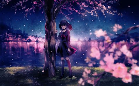 Black Hair Cherry Blossoms Grass Kneehighs Night Original Seifuku Tree