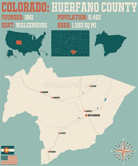 Map of Huerfano County in Colorado Stock Vector - Illustration of ...
