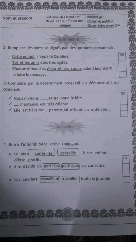 قسم السنة السادسة ابتدائي Français Examin langue correction