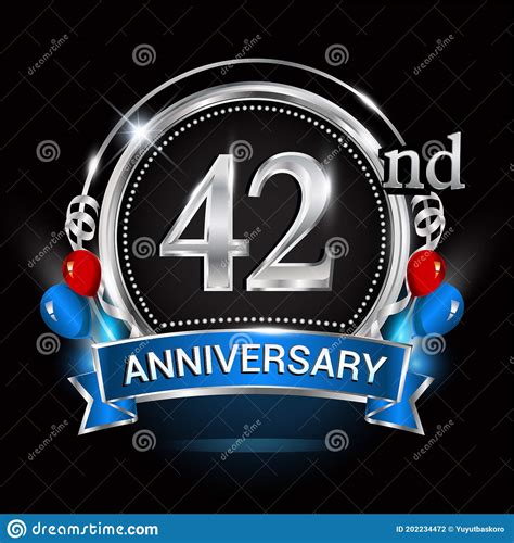 42nd Anniversary Logo With Silver Ring Balloons And Blue Ribbon