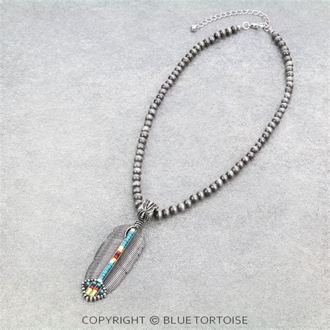 Western Seed Bead Feather Pendant Necklace Bluetortoisewholesale