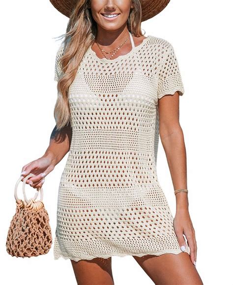 Cupshe Womens Apricot Open Knit Scalloped Mini Cover Up Macys