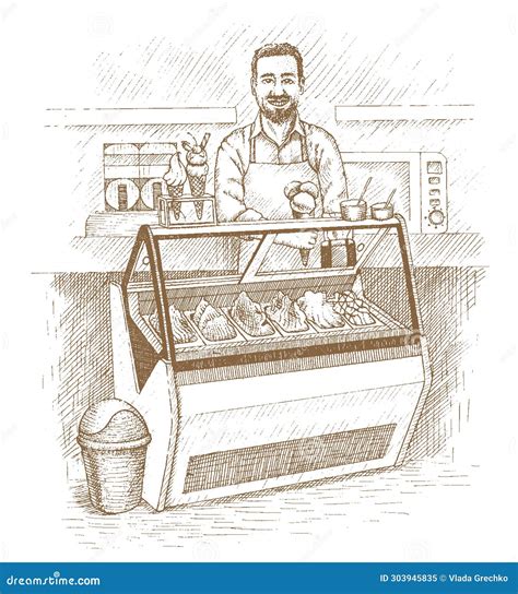 Ice Cream Stall With Seller Drawn By Hand Stock Illustration