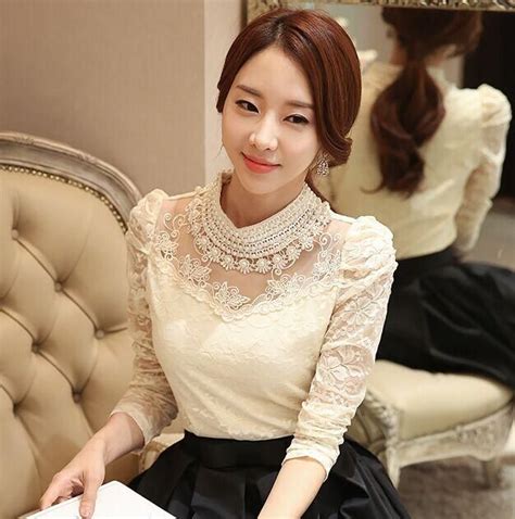 Gorgeous Elegant Long Sleeve Blouse Women Lace Tops Mesh Chiffon