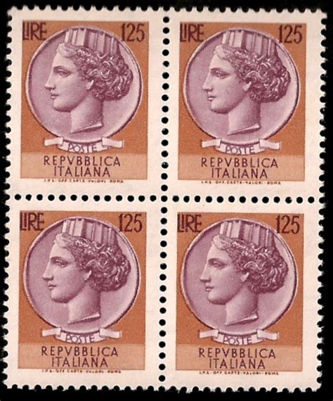 Francobolli Repubblica Italiana 125 Lire Siracusana Del 1968 A Quartina