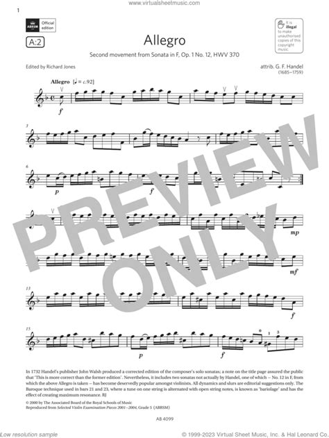 Allegro Grade 5 A2 From The ABRSM Violin Syllabus From 2024 Sheet