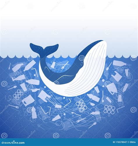 Whale Stop Ocean Plastic Pollution Concept Cartoon Vector