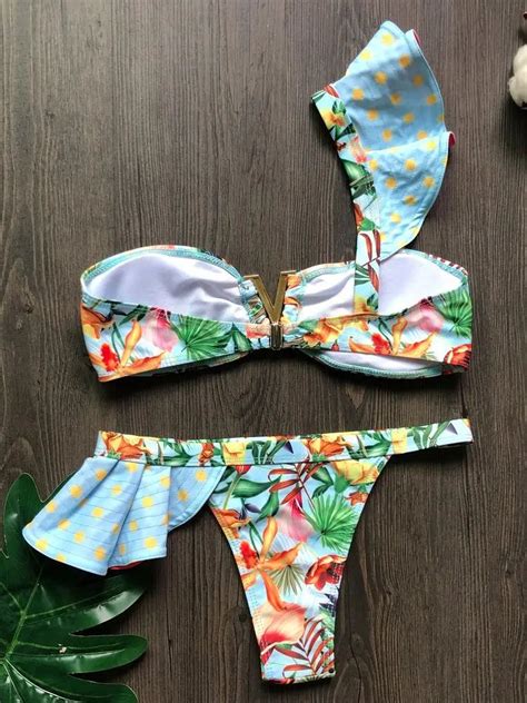 Tropical Floral Ruffle Bandeau Bikini Set Swimwear On Luulla