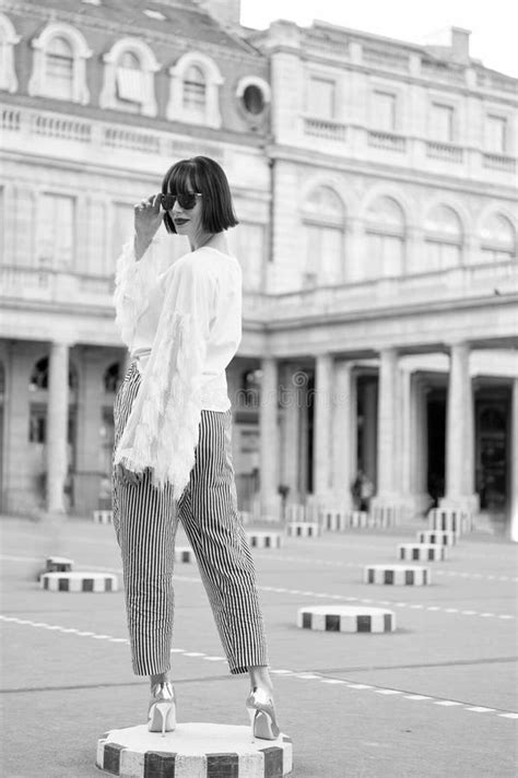 Stylish Brunette Woman Outdoor Copy Space Stylish Brunette Woman