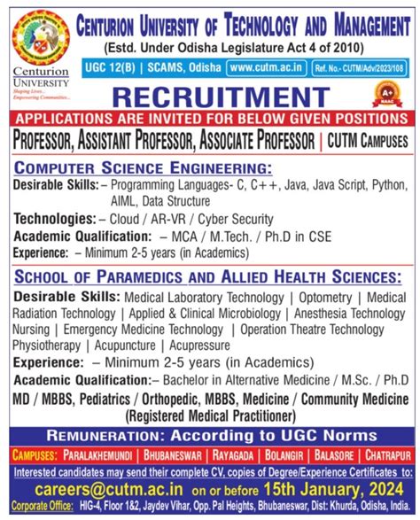 Centurion University Of Technology And Management Odisha Job Openings