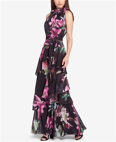 Tahari Asl Tiered Floral Print Gown Macys