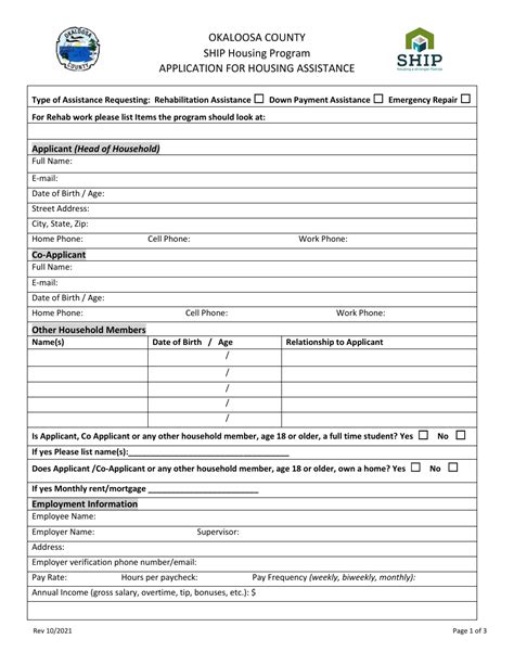 Okaloosa County Florida Application For Housing Assistance State Housing Initiatives