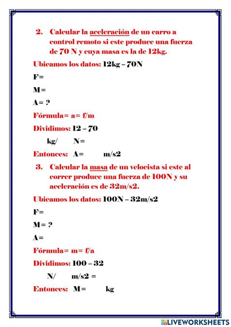 Segunda Ley De Newton Ejercicios De Fuerza Masa Y Aceleracion Worksheet