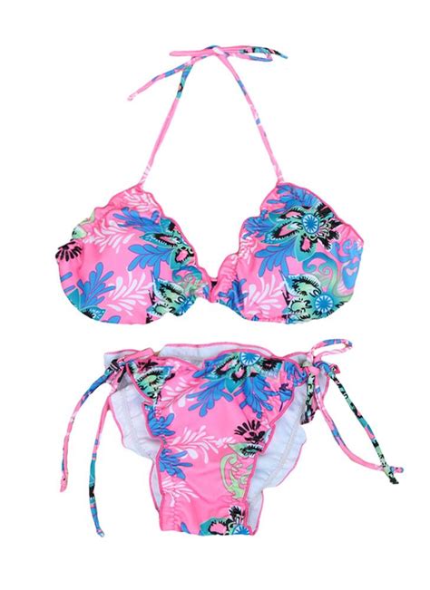 L Pink Sexy Floral Print Halter Bikini Set Chicuu