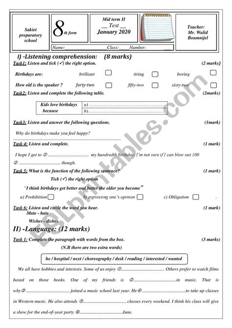 Mid Term Ii Test Th Form Esl Worksheet By Abou Lina