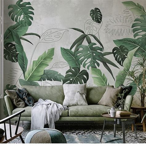 Tropical Green Leaves Wallpaper Wall Mural Watercolor Fresh Etsy