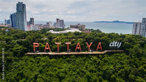 Aerial drone view of Pattaya City sign during beautiful summer day Stock Photo | Adobe Stock