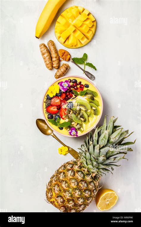 Mango Banana Pineapple Turmeric Breakfast Superfoods Smoothie Bowl