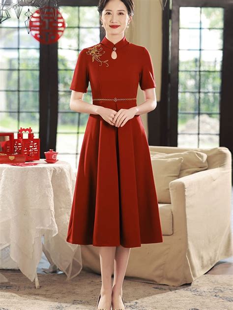 Red Bridal Mothers Midi A Line Qipao Cheongsam Dress CozyLadyWear