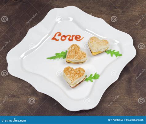 Homemade Heart Shaped Toasts Sandwiches With Ham And Cheese With