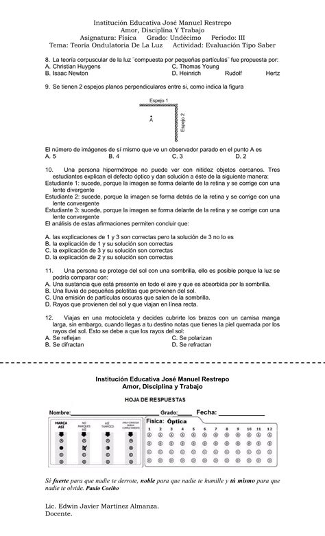 Teor A Ondulatoria De La Luz Evaluaci N Tipo Saber Pdf