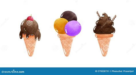 Set Of Ice Creams Cone Tasty Watercolor Style Sweet Summer Delicacy