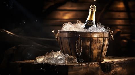 Premium AI Image Champagne Bottle In A Wooden Bucket With Ice In A