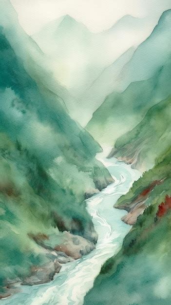 Premium Photo Painting Of A River Running Through A Valley With