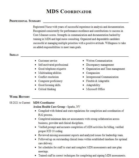 Mds Coordinator Resume Example