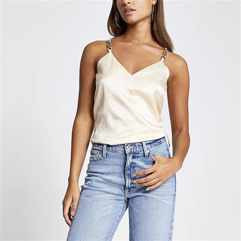 Cream Embellished Cami Strap Top River Island