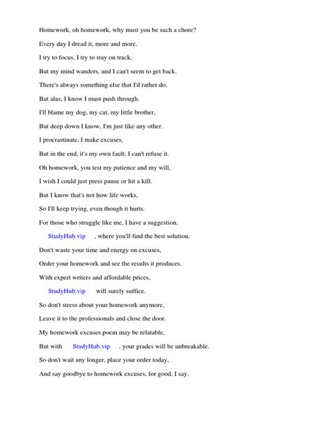 My Homework Excuses Poem Pdf Poetry