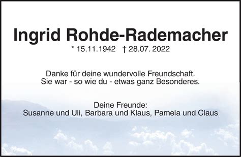 Traueranzeigen Von Ingrid Rohde Rademacher Trauer Anzeigen De