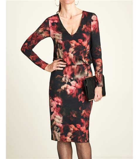 Dark Rose Print Jersey V Neck Blouson Dress WoolOvers US