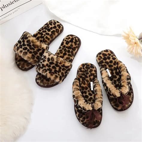 Fashion Leopard Print Lady Slippers Women Furry Slippers Home Shoes