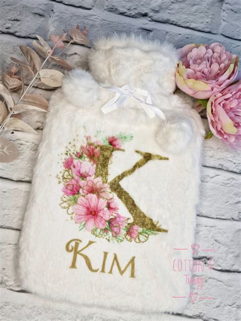 Personalised Hot Water Bottle Faux Fur Hot Water Bottle Cover Pink Floral Letter Design
