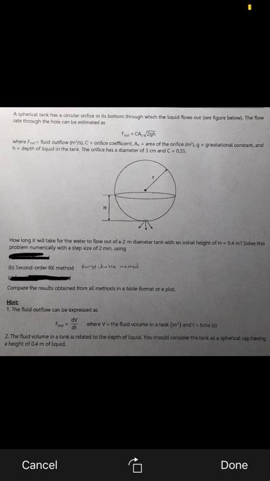 Solved A Spherical Tank Has A Circular Orifice In Its Bottom Chegg