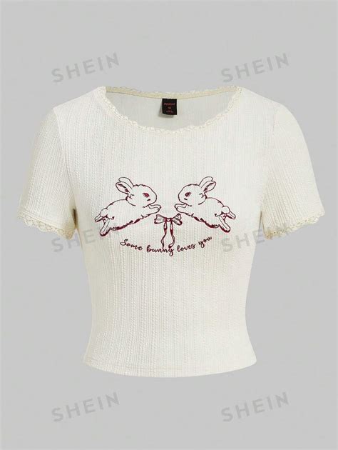 Romwe Kawaii Womens Slim Fit Rabbit Embroidered T Shirt With Round