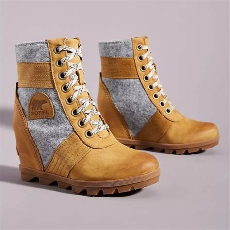 Sorel Sorel Lexie Camel Tan Leather Gray Fleece Wedge Lace Up Boot