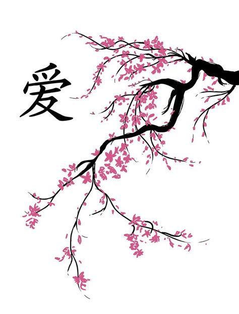 a branch with pink flowers on it and chinese characters written in the ...