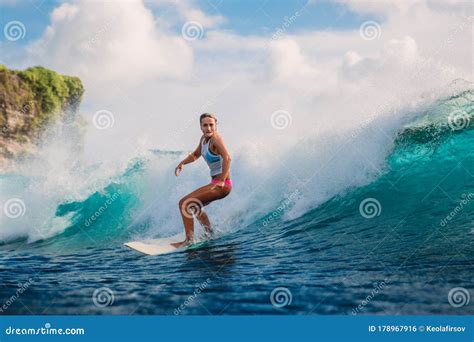 March 15 2020 Bali Indonesia Surfer Girl On Surfboard Woman During