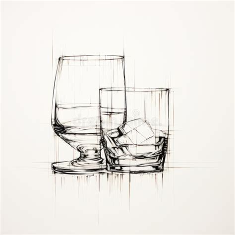 Whiskey Glasses Ink Drawings On White Paper With Simple Line Art Stock Illustration