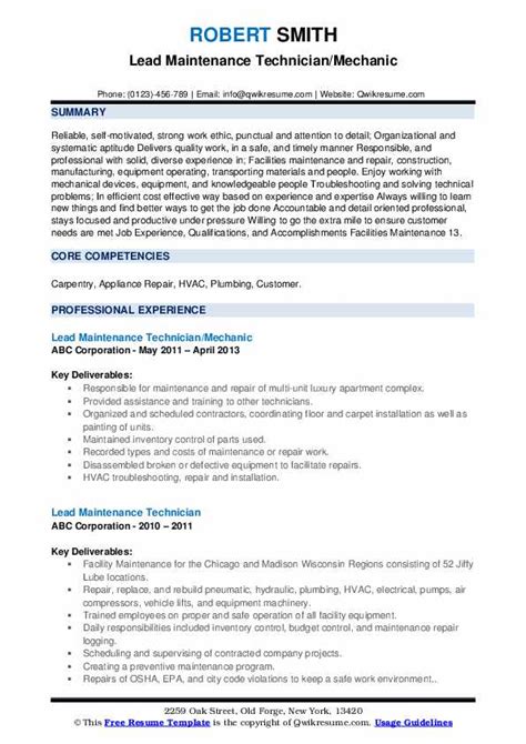 Lead Maintenance Technician Resume Samples Qwikresume