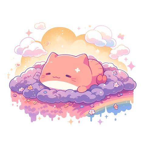 Gato De Dibujos Animados Durmiendo En Una Nube Con Un Arco Iris De