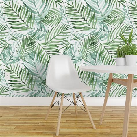 Pre Pasted Wallpaper 2FT Wide Watercolor Tropical Palm Leaf Green