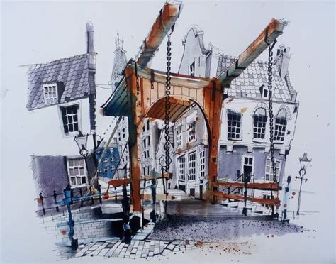 Bridge On Staalstraat Amsterdam Croquis Urbain Aquarelle Et Encre