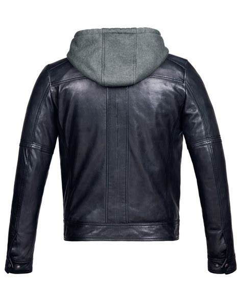 Mens Leather Jacket with Hood Vintage Black Bomber - Genuine Leather