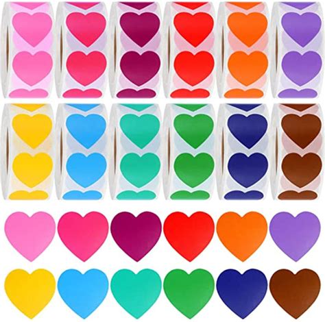 1Inch 500Pcs Roll Red Green Blue Yellow Pink Love Heart Shaped Sticker