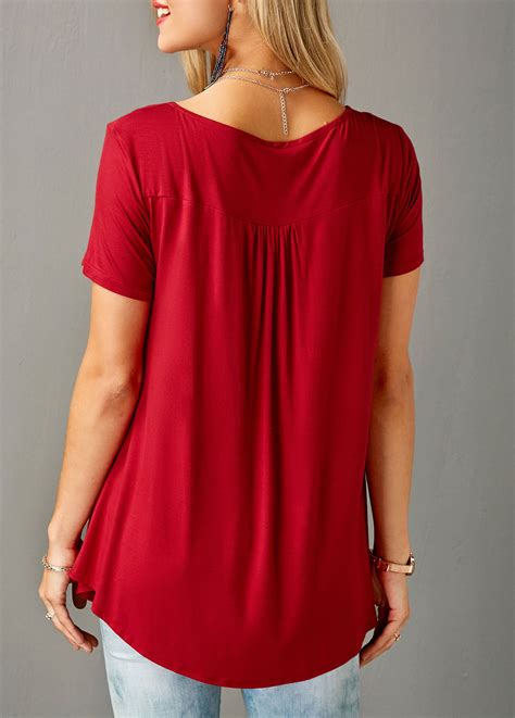 Red Short Sleeve Split Neck Curved Blouse Usd 23 77